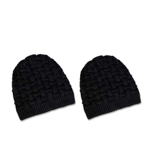 Solid Schwarz Strickmütze Acryl Korbflechtstruktur Fleecegefüttert Winter Warme Outdoor Hut Für Herren Damen