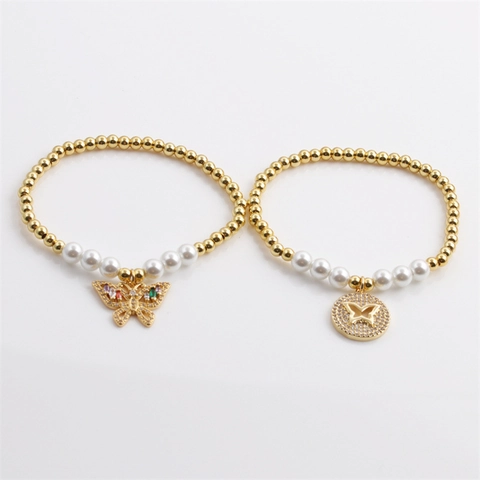Butterfly Pendant Beaded Bracelet Copper Gold Beads Faux Artificial Pearl Zircon Inlay Elastic Fashion Jewelry For Women