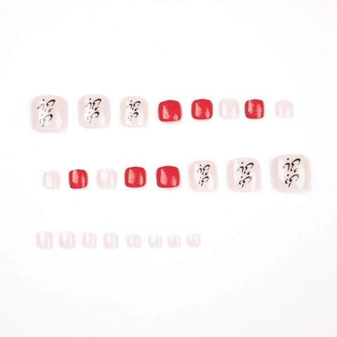 Unghie Finte Per Piedi Press-on Rosse Glitterate Nude Con Testo Nero Corte Quadrate Unghie Artificiali Lucide