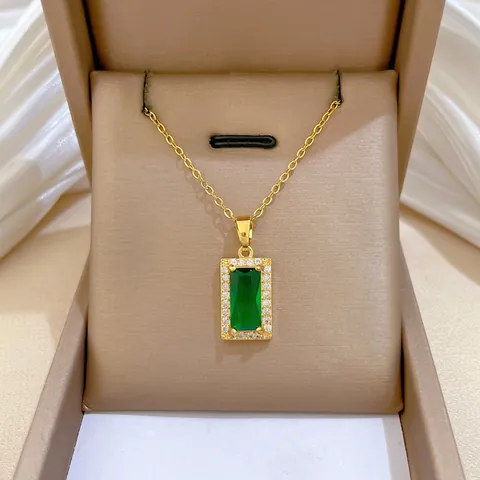 Collana Ciondolo Gemma Verde Rettangolare Catena Acciaio Inossidabile Placcato Oro Rame Micro Pave Zircone Per Donna