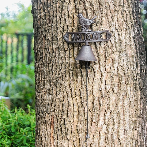 Cast Iron Welcome Bell With Bird Ornament Rustic Outdoor Garden Wall Mounted Hand Shake Decorative Doorbell For Home