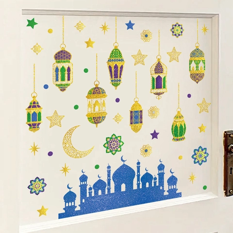 Adesivi Murali Ramadan Eid PVC Autoadesivi Moschea Luna Stella Lanterna Decorazione Glitter Per Finestra Soggiorno