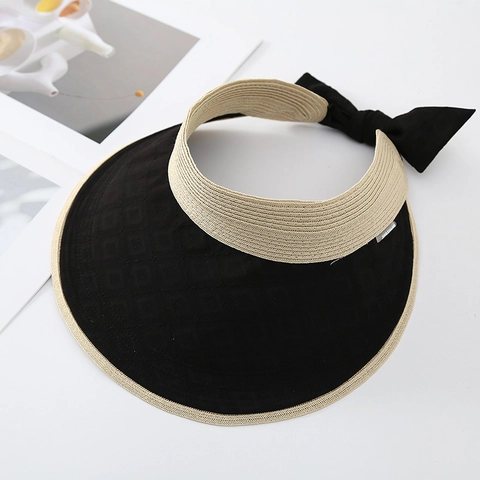 Empty Top Sun Hat Large Brim UV Protection Straw Woven Quilted Fabric Bow Knot Adjustable Summer Beach For Women