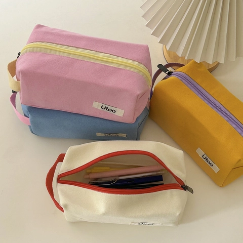 Borsa Per Trucco In Tela Portatile Colori A Contrasto Pochette Da Viaggio Organizer Minimalista Con Cerniera Per Cosmetici