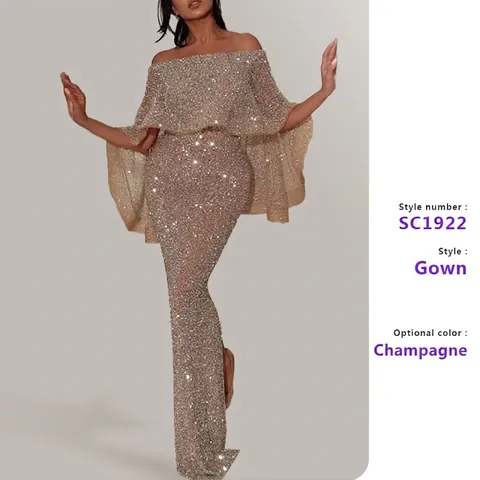 Pailletten Avondjurk Off Shoulder Ruches Cape Bodycon Split Lange Jurk Elegant Feest Formele Nacht Voor Vrouwen