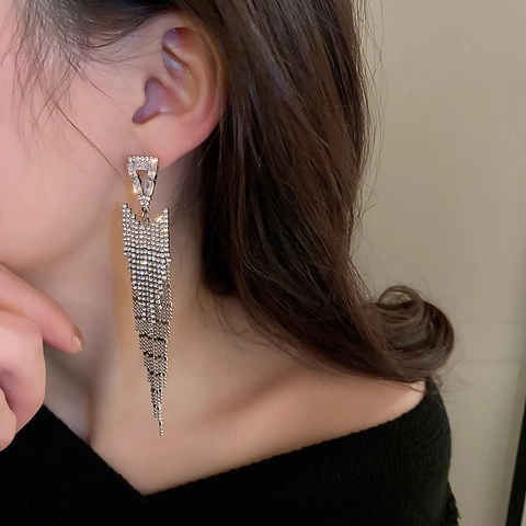 Geometrische Dreieck Lange Quasten Ohrringe Strass Kupfer Mit 925 Sterling Silber Ohrringstecker Elegant Für Damen