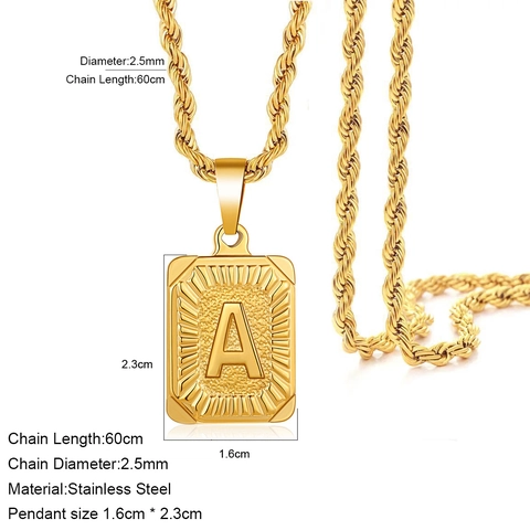 Edelstahl Alphabet Initial Quadrat Anhänger Halskette Für Herren Hip Hop Gold Silber Seilkette Buchstaben Kette Schmuck