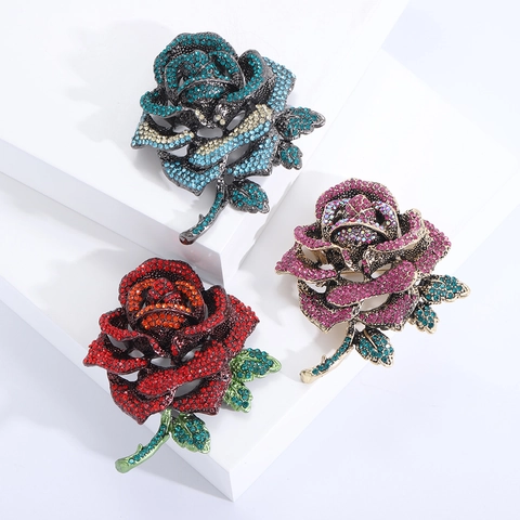 Elegant Rose Flower Brooch Pin Alloy Full Rhinestone Luxury Vintage Suit Dress Accessory For Women