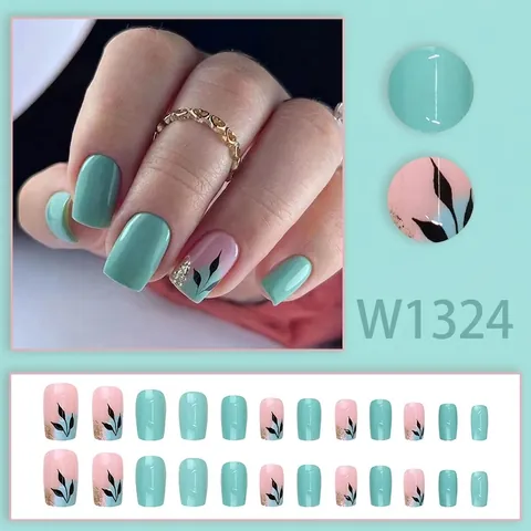 Unghie Finte Verde Menta Quadrate Corte Con Motivo A Foglia E Glitter Dorati Punte Per Unghie Artificiali Lucide