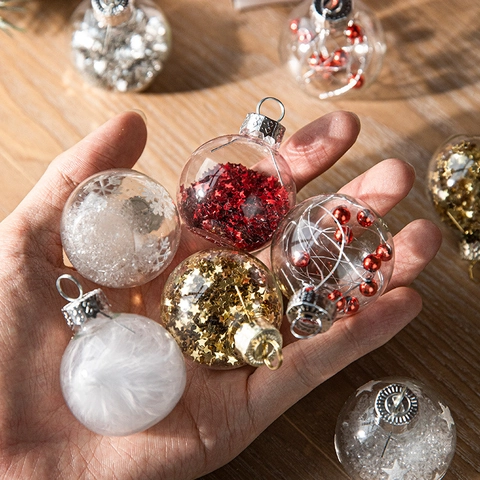 Transparent Glass Christmas Ball Ornaments Clear Hanging Pendant With Star Sequins Red Berries Snowflakes For Christmas Tree Home Party Decor