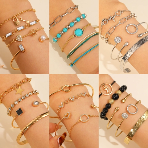 Bohemian Alloy Bracelets Bangles Assortment For Women Vintage Gold Silver Color Heart Star Lock Key Charm Open Bangle Rhinestone Pearl Beaded Woven Jewelry Assortment