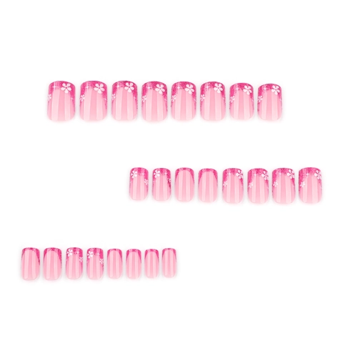 Französische Rosenrot Glitzer Künstliche Fingernägel Kurz Eckig Pink Verlauf Weißes Blumenmuster Künstliche Nagelspitzen