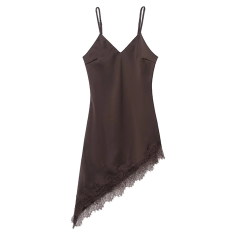 Vestito In Raso Con Spalline Sottili Scollo A V Orlo Asimmetrico Pizzo Elegante Sexy Midi