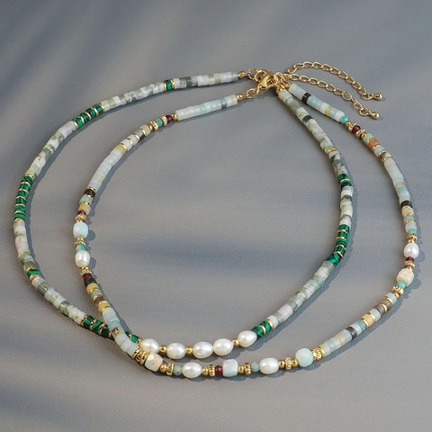 Natural Amazonite Malachite And Freshwater Pearl Beaded Necklace Vintage Bohemian Style Jewelry For Women Gold Plated