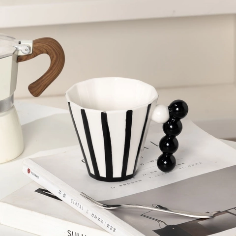 Ceramic Striped Mug With Beaded Handle French Vintage Style Hand Painted Coffee Cup For Home Office Unique Tableware
