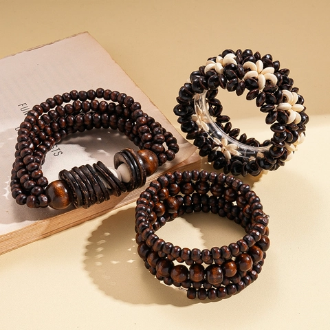 Multi-layer Wood Bead Bracelet Bohemian Ethnic Coconut Shell Handmade Retro Wrist Accessory