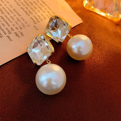 Geometric Square Rhinestone Imitation Artificial Pearl Dangle Earrings With Silver Earring Post Retro French Luxury Jewelry For Women