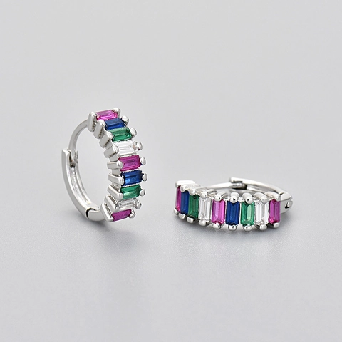 Geometric Rectangle Rhinestone Huggie Earrings For Women Copper Baguette Cut Small Hoop Earrings With 925 Silver Post Jewelry