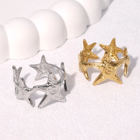 Starfish Open Ring 18K Gold Plated Stainless Steel Minimalist Adjustable Sea Star Summer Beach Jewelry For Women