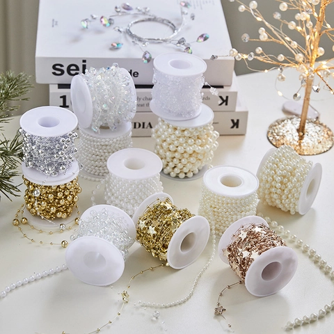 Christmas Artificial Pearl Bead Chain DIY Xmas Tree Decoration Star Snowflake Garland For Wedding Party Home Decor Roll