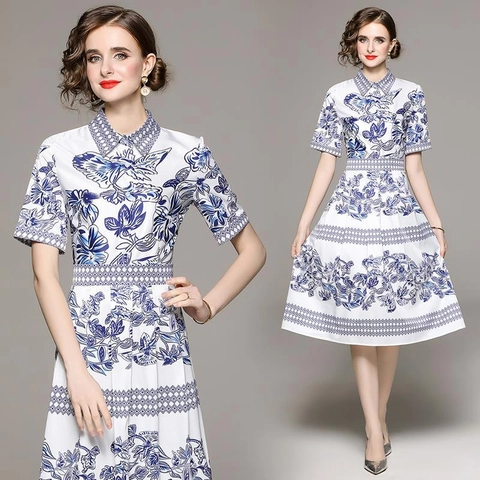 Abito A Camicia Da Donna Maniche Corte Colletto Estampato Floreale Porcellana Blu E Bianca Linea A Midi