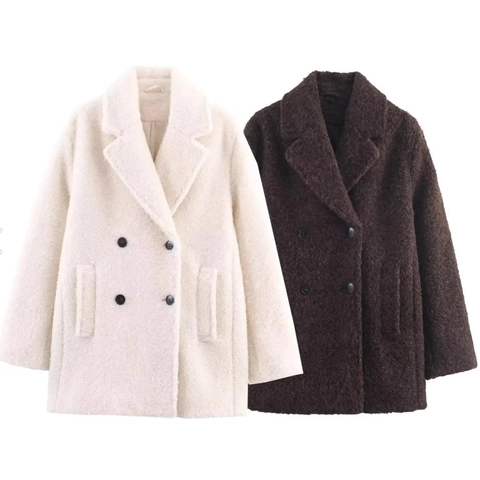 Women Double-Breasted Textured Woolen Coat Lapel Mid-Length Warm Casual Fashion Jacket Elegant Outerwear Solid Color