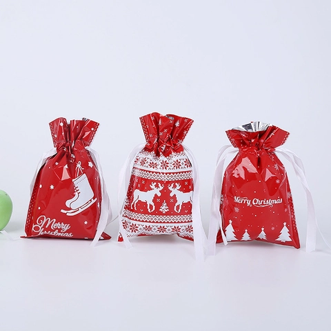 Sacchetti Regalo Di Natale Con Coulisse In Plastica Chiusura A Nastro Per Festa Di Vacanza Caramelle Motivi Babbo Natale