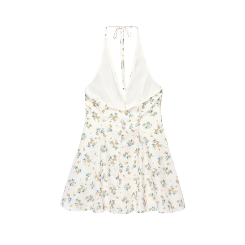 Abito Corto Estivo Da Donna Con Stampa Floreale Scollo All'americana Profondo Scollo A V Senza Schienale Bottoni Linea A Popeline