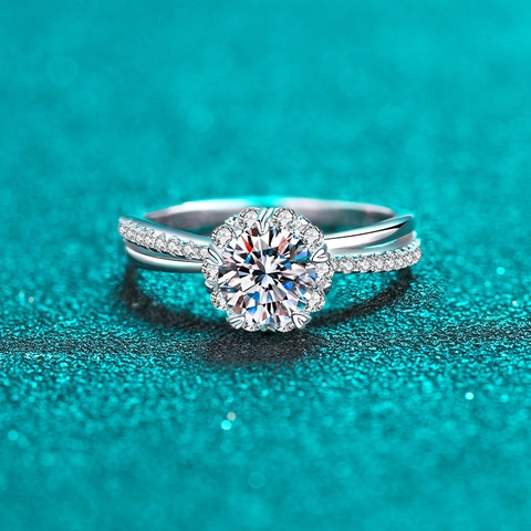 Anello de Plata de Ley 925 con Moissanita Para Mujeres Circonia Corte Redondo Compromiso Boda Joyería Banda Torcida Halo Flor