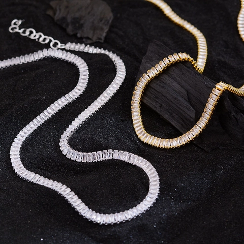 Collier Tennis en Cuivre de Luxe Avec Strass pour Femmes Pierre Taille Rectangle Bijoux Choker Élégant Fête Mariage Collier