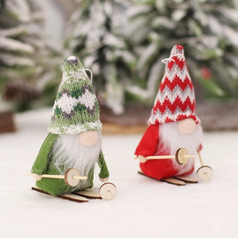 Adornos De Gnomos De Esquí De Navidad Tela De Punto Madera Nórdico Colgantes Tomte Sin Cara Para Árbol De Navidad