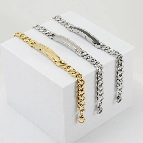 Pulsera De Cadena Cubana De Acero Inoxidable Para Hombre Con Placa ID Curvada Joyería Punk