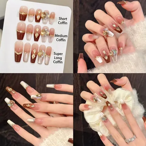 Unghie Finte Fatte A Mano Sfumate Marrone Caffè French Cat Eye Lusso Strass Künstliche Perle Decor Bare Per Donne