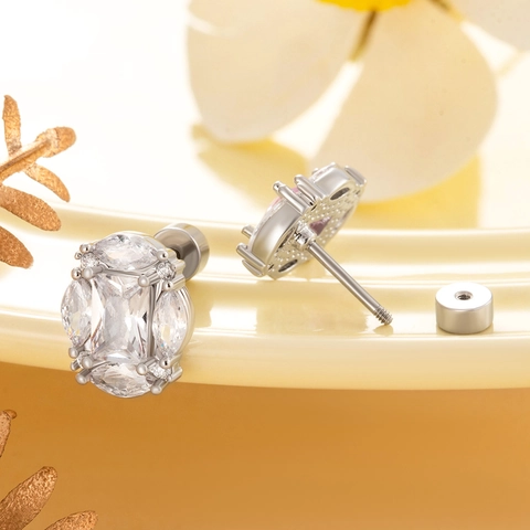 Orecchini A Lobo Con Zircone Rettangolare E Perno In Acciaio Al Titanio Chiusura A Vite Gioielli Eleganti Per Donna