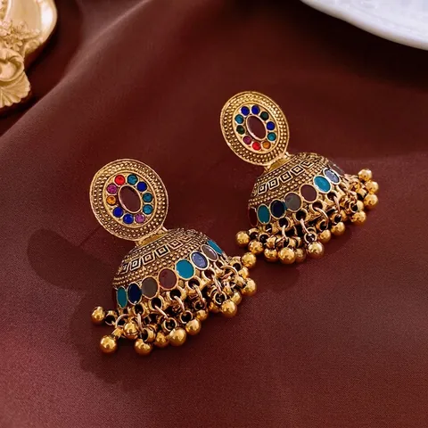 Vintage Jhumka Κρεμαστά Σκουλαρίκια Κράμα Πολύχρωμα Στρας Με Ατσάλινη Βάση Έθνικ Μποέμ Στυλ Πολυτελή Για Γυναίκες