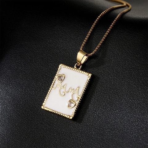 Mama Anhänger Halskette 18K Gold Vergoldet Kupfer Rechteckig Emaille Mit Herz Zirkon Schmuck Geschenk Für Frauen