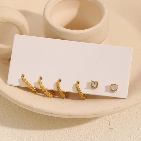 Hoop Und Stud Ohrringe 18K Vergoldet Edelstahl Gedrehte Seiltextur Zirkonia Trendig Elegant Für Damen