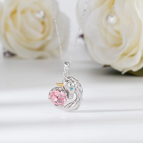 925 Sterling Silver Unicorn Heart Necklace For Women With Pink Crystal Rhinestone Sweet Style Animal Pendant Jewelry