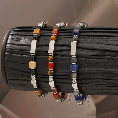 Pulsera De Cuentas De Lapislázuli Natural Y Piedra Paisaje Para Hombre Acero Inoxidable Joyería Retro
