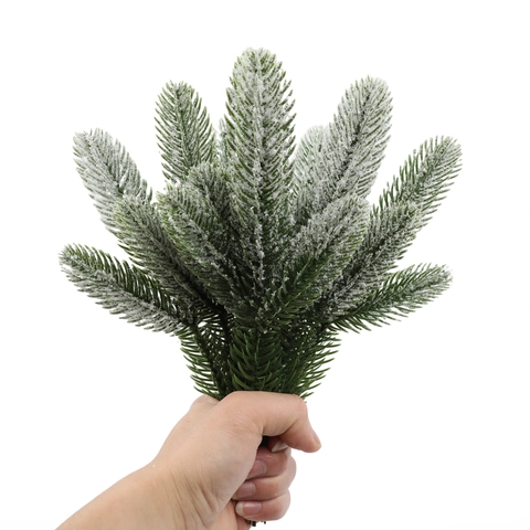 Artificial Pine Needle Branches Trident Plastic Realistic Snow Flocked For Christmas Wreath DIY Decoration Photo Props