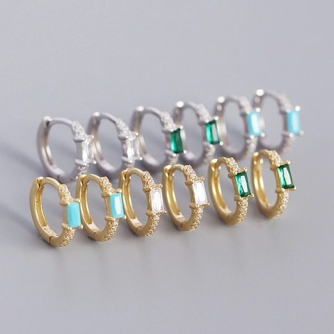 925 Sterling Silber Huggie Hoop Ohrringe Rechteck Zirkonia Geometrischer Bunter Eingelegter Minimalistischer Schmuck