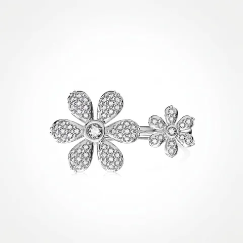925 Sterling Silver Double Flower Open Ring Sparkling Cubic Zirconia Adjustable Elegant Finger Jewelry For Women