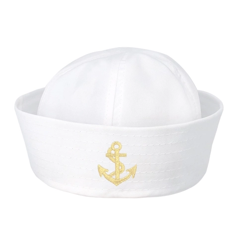 Sailor Hat Captain Navy Cap White Polyester Twill Cuffed Anchor Embroidery For Halloween Cosplay Nautical Party Unisex
