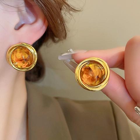 Orecchini A Lobo Geometrici Vintage Con Perno In Argento Resina Ambra Lega Stile Retrò Francese