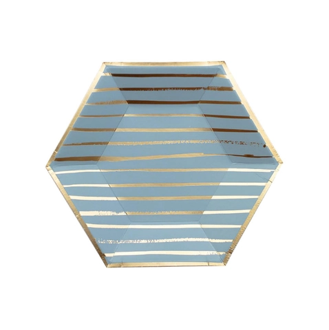 Disposable Hexagonal Paper Plates Cups Napkins Set Light Blue Gold Foil Party Tableware Kids Birthday Decorations
