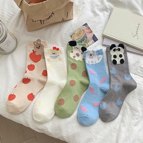 Calcetines Media Pantorrilla De Algodón Peinado Para Mujer Patrón De Animales 3D Costura Suave Transpirable Dulce