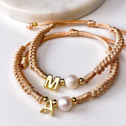 Handmade Natural Freshwater Pearl Adjustable Woven Rope Bracelet With 18K Gold Plated Initial Letter Charm For Women