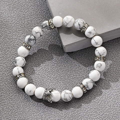 Natural Stone Beaded Bracelet With Alloy Lion Head And Crown Charms Elastic Matte Jewelry For Men