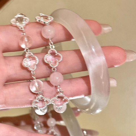 Pulsera De Cuentas De Trébol De Cuatro Hojas Y Brazalete Translúcido Cobre Cristal Joyería Dulce Elegante Para Mujer