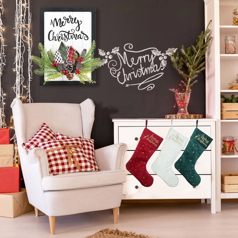 Christmas Stocking Velvet Gold Stars Embroidery Merry Christmas Hanging Fireplace Decor Holiday Gift Candy Bag